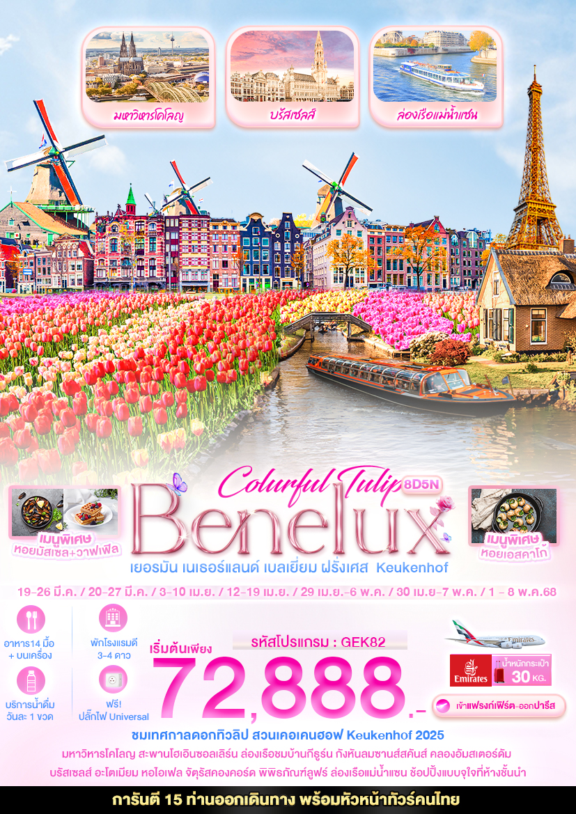 ทัวร์เยอรมัน เนเธอแลนด์ เบลเยี่ยม ฝรั่งเศส Keukenhof 8 วัน 5 คืน (EK)