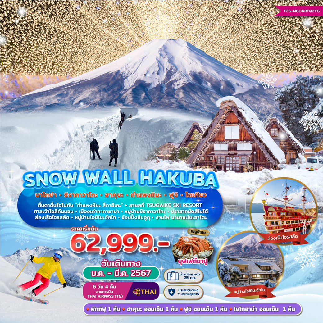 ทัวร์ญี่ปุ่น Snow Wall Hakuba...นาโกย่า ชิราคาวาโกะ ฮาคุบะ ฟูจิ โตเกียว 6วัน 4คืน (TG)